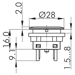 Drucktaster mit Ringbeleuchtung 1S, Einbau-Ø 22,3mm, Flachstecker , Technische Zeichnung