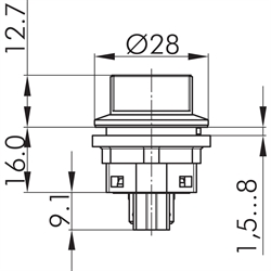 Wahltaster rastend 1S, Schaltwinkel 90°, Einbau-Ø 22,3mm, Flachstecker , Technische Zeichnung
