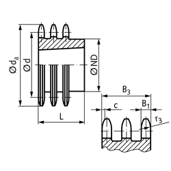 Dreifach-Kettenräder DRT 08 B-3, Teilung 1/2 x 5/16'', Technische Zeichnung