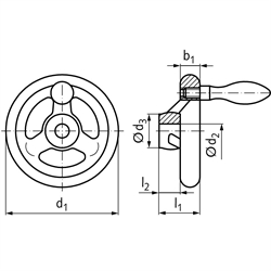 Speichen-Handräder DIN 950 aus Grauguss mit Gewindeauge, Technische Zeichnung