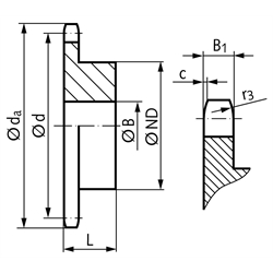 Kettenräder KRS mit einseitiger Nabe, 05 B-1,Teilung 8 mm, Technische Zeichnung