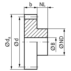 Stirnzahnräder aus Stahl, Modul 1,5  Zahnbreite 10 mm, mit Nabe, Technische Zeichnung