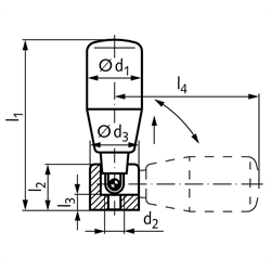 Umleggriff NG Ausführung N   Griffdurchmesser 28mm  Gewinde M8   mit drehbarem Ballengriff aus Kunststoff   Mechanik aus Edelstahl, Technische Zeichnung