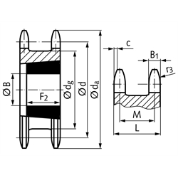 Doppel-Kettenräder ZRET für zwei Einfach-Rollenketten 08 B-1, Technische Zeichnung